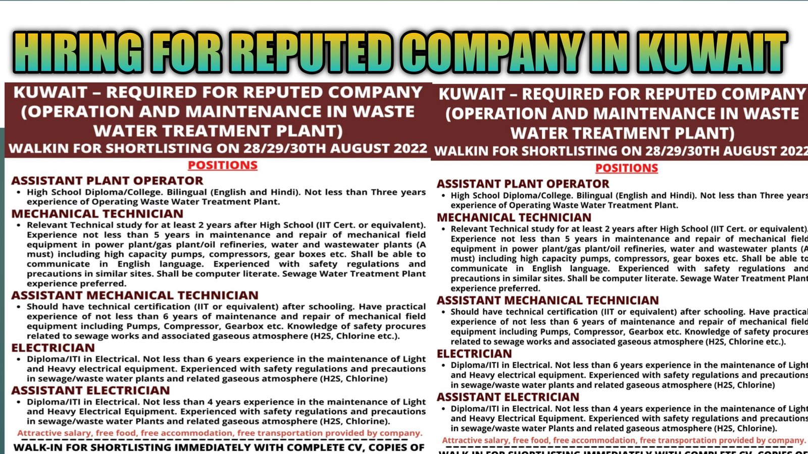 REQUIRED FOR REPUTED COMPANY IN KUWAIT MAINTENANCE WORK