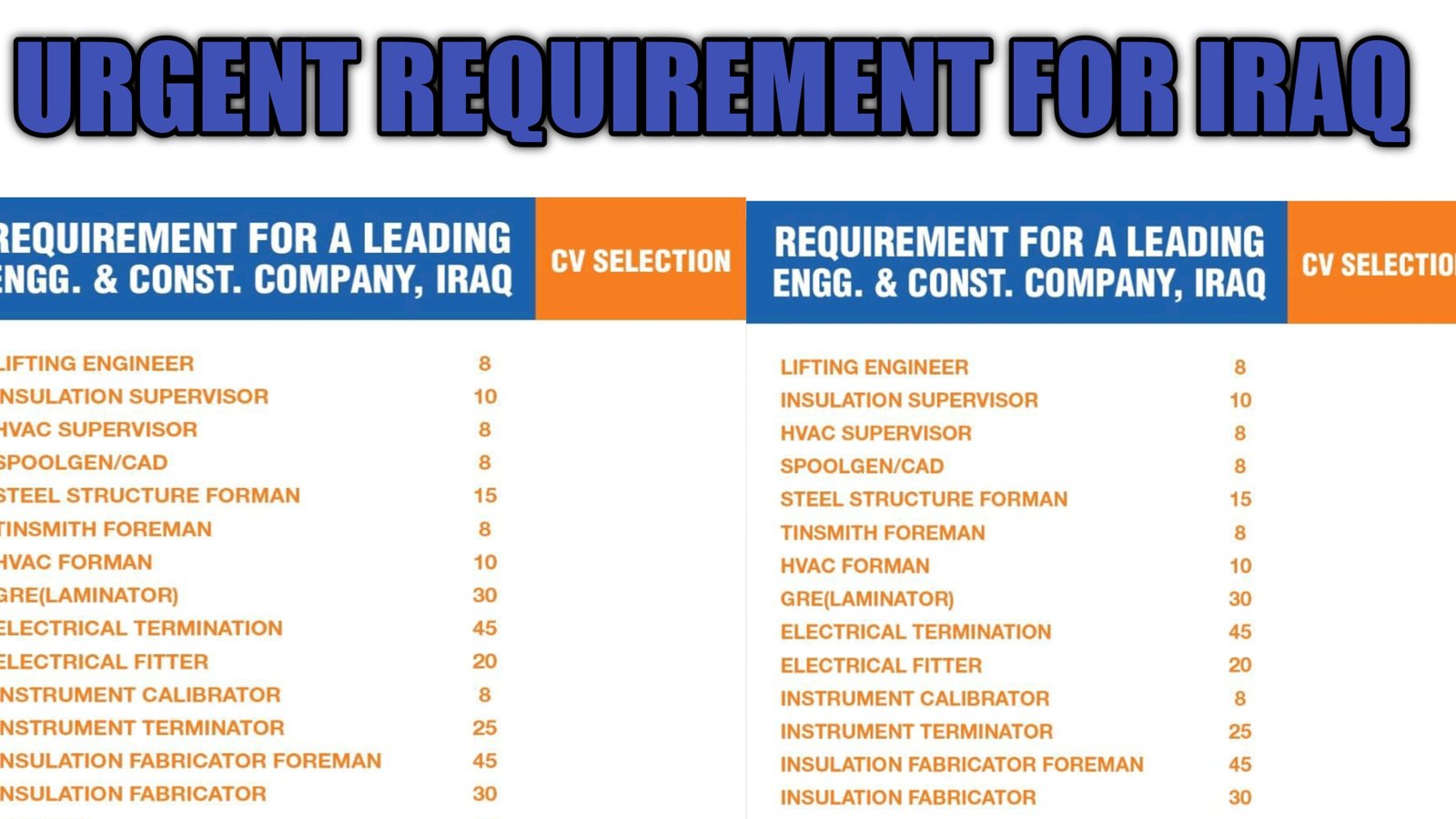 URGENT REQUIREMENT FOR CONSTRUCTION COMPANY IRAQ
