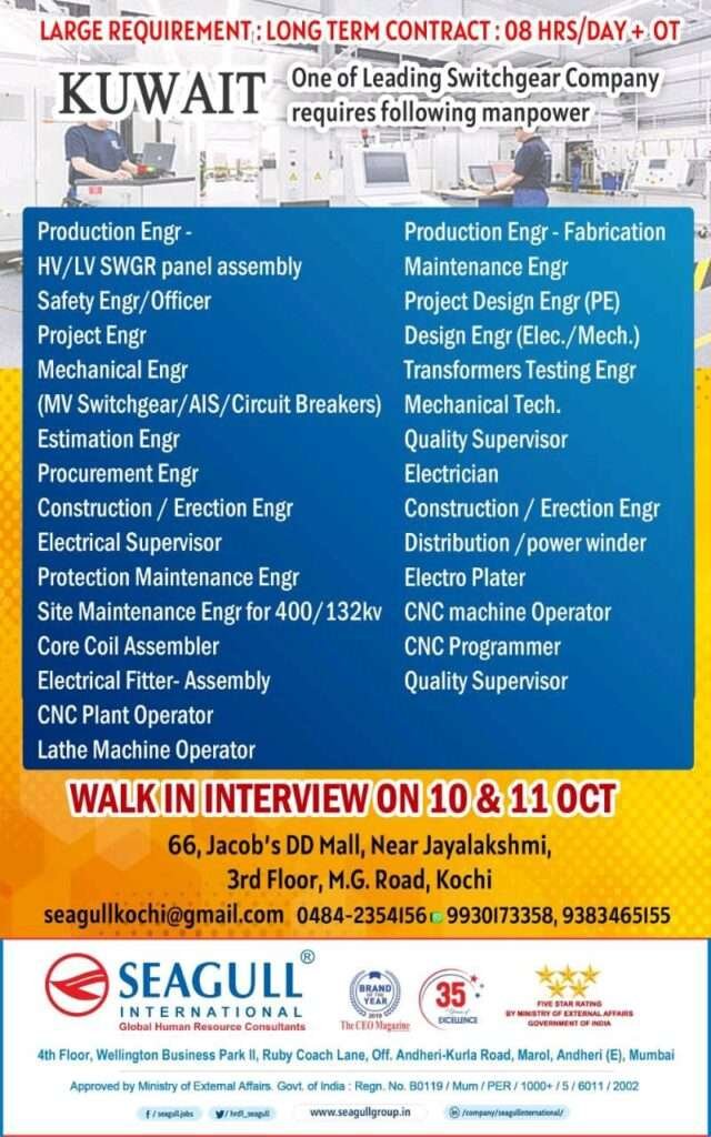 HIRING FOR ONE OF THE LEADING SWITCHGEAR COMPANY IN KUWAIT Gulf Job Ki Duniya