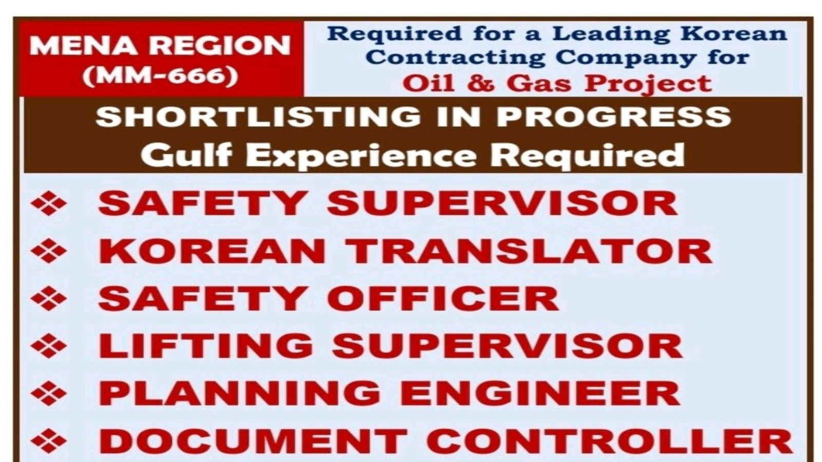 Required for a Leading Korean Company in Mena Region