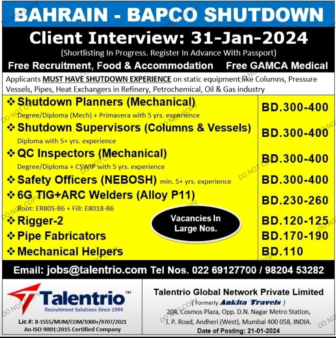 Bahrain Bapco Shutdown Job Interview