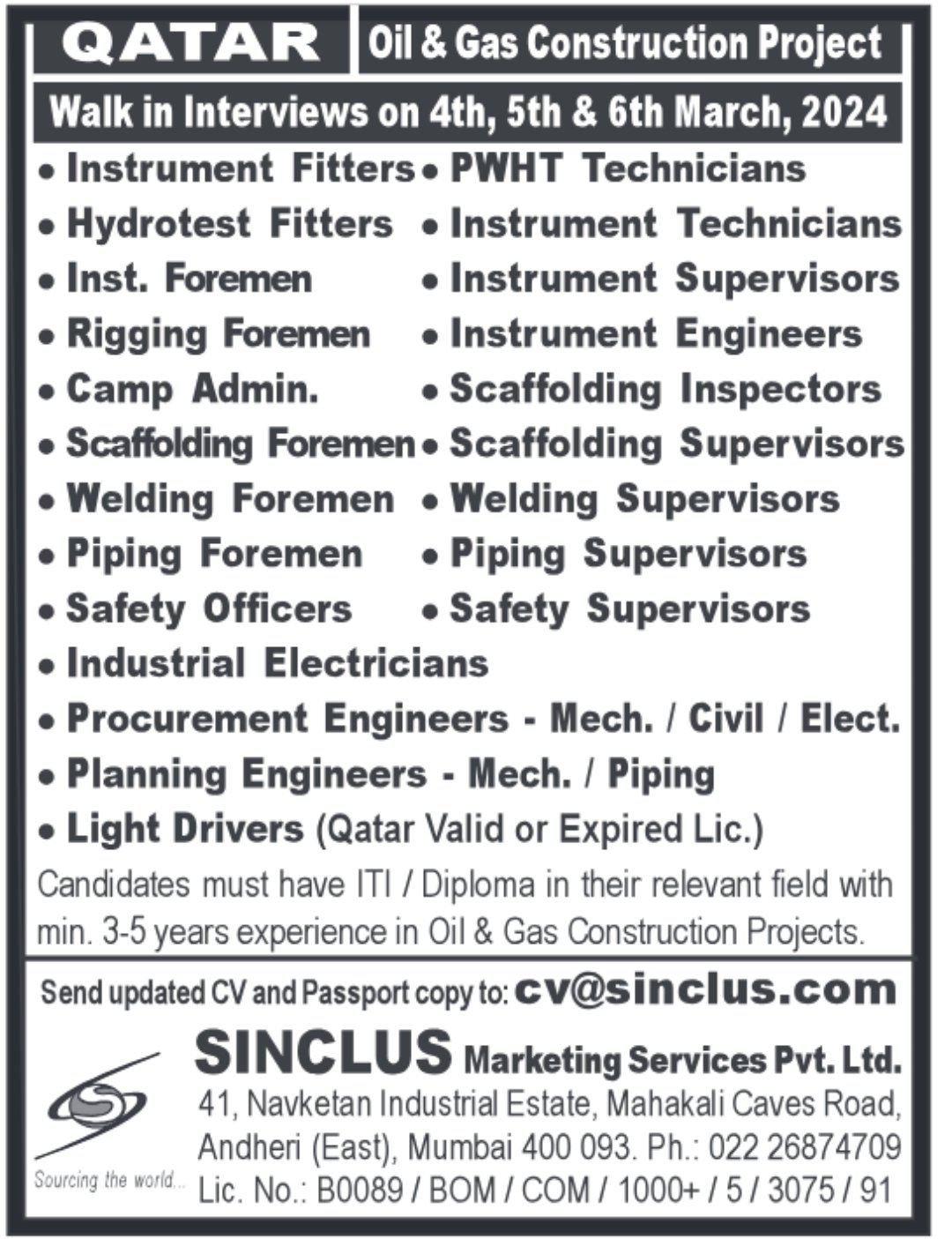 Exciting Job Opportunities at QATAR Oil & Gas Construction Project!