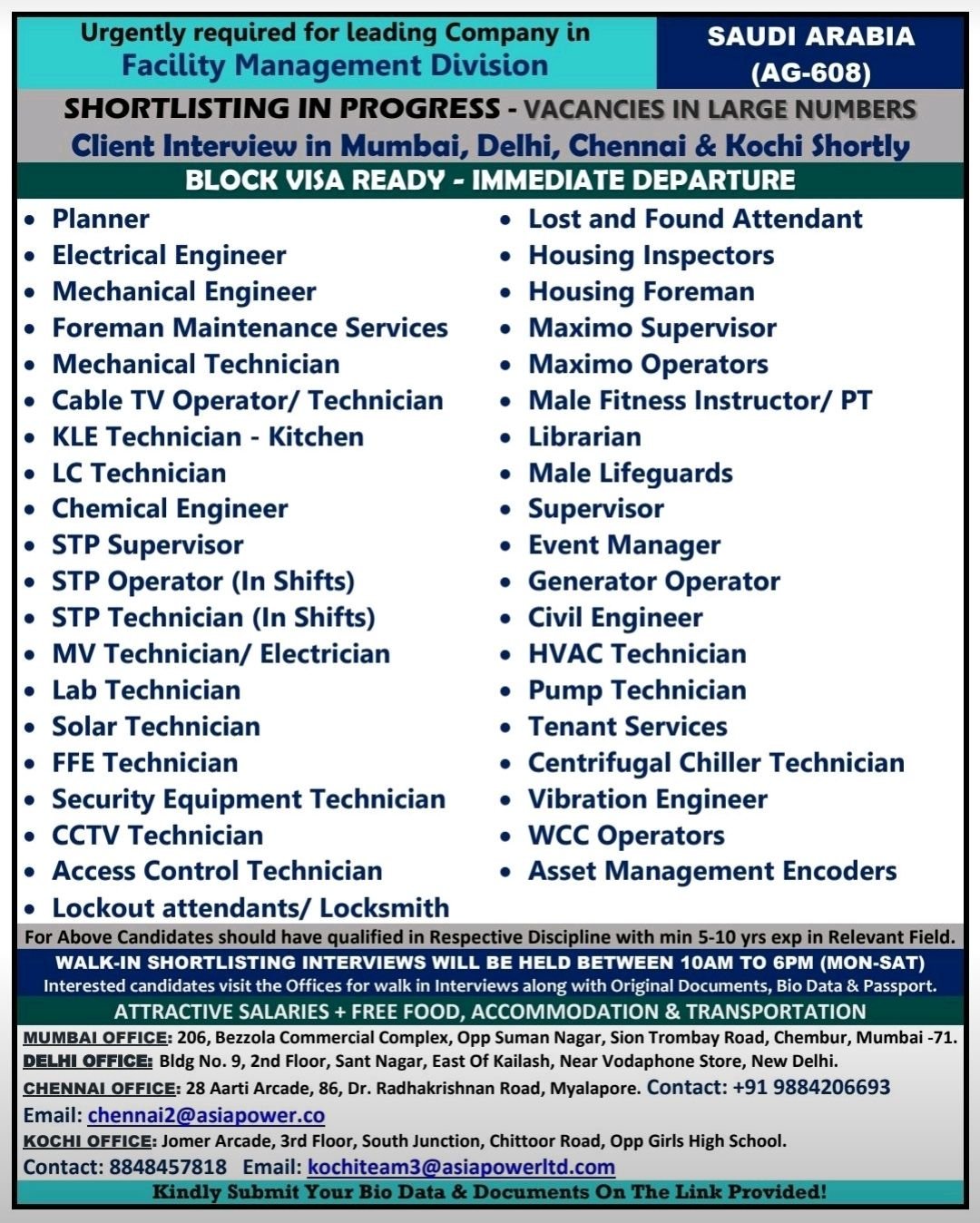 Here’s a comprehensive list of job positions available in the Facility Management Division (AG-608) of a leading company in Saudi Arabia. If you’re interested, keep reading!