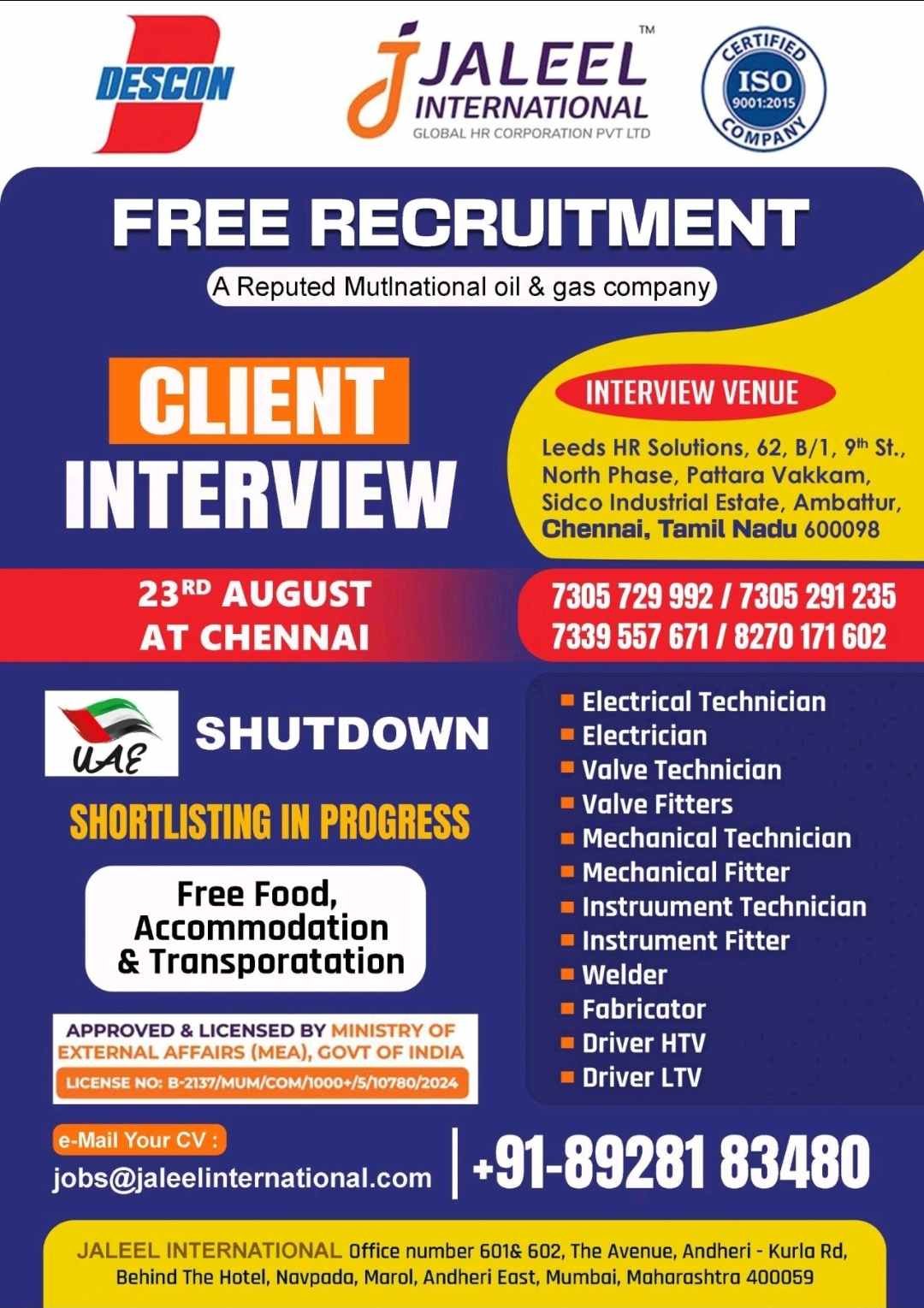 Free Recruitment for Oil & Gas Shutdown in UAE – Client Interview on 23rd August 2024 at Chennai