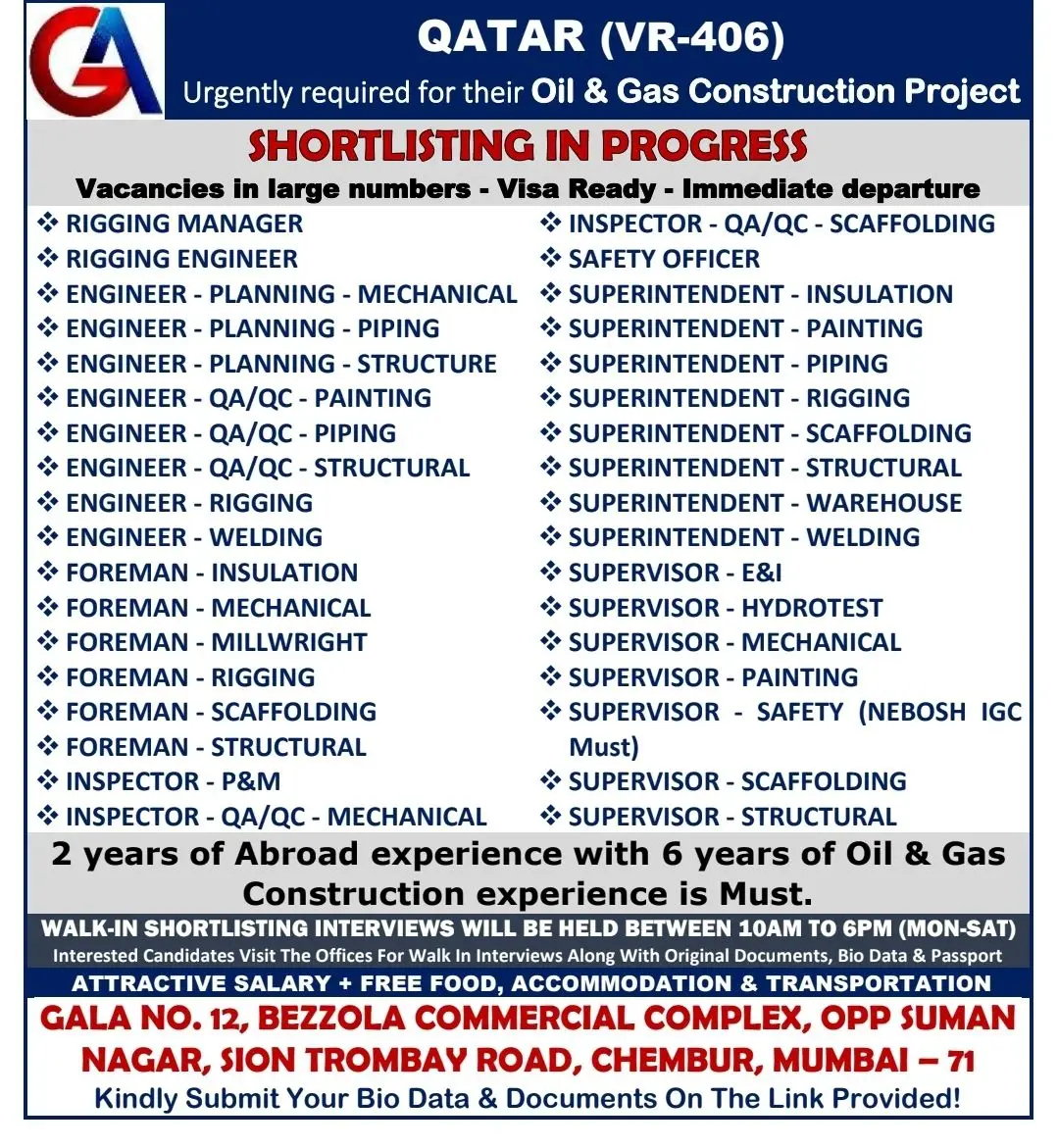 Urgent Job Openings in Qatar’s Oil & Gas Construction Projects – Visa Ready!